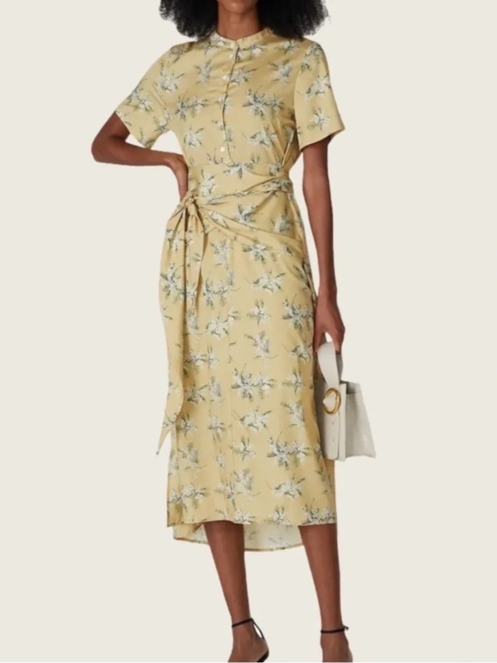 Caara Yellow Floral Midi Dress with Tie-Waist